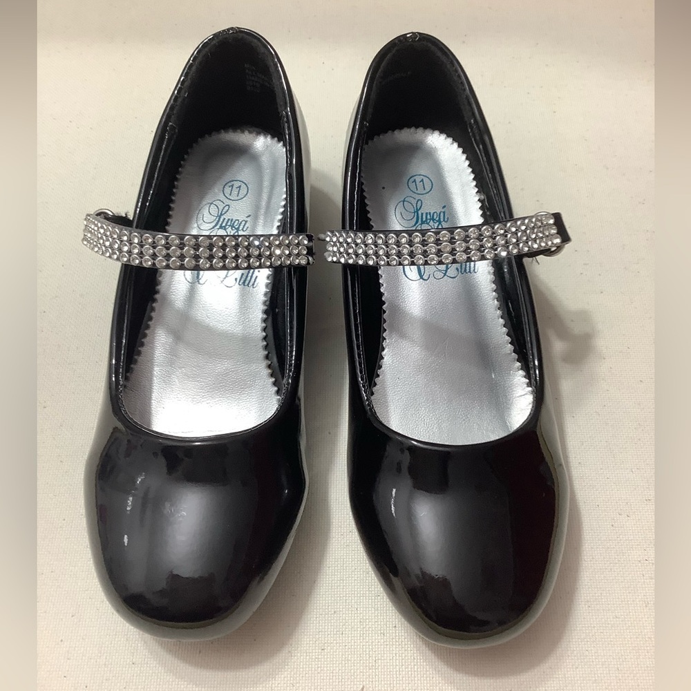 Kids Black Mary Jane With Rhinestone Dress Shoes Size 11